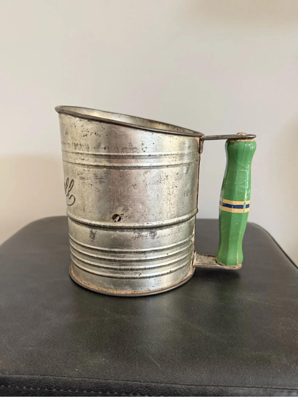 Vintage Bromwell Hand Flour Sifter with Green Wooden Handle